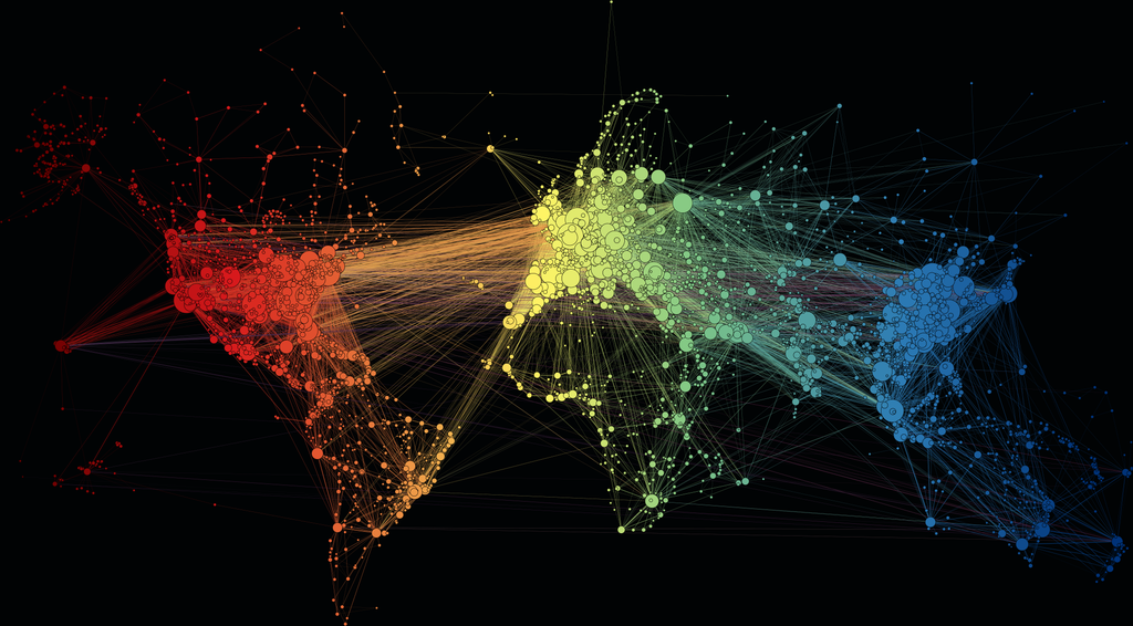 Colored dots are connected by lines across a black background. The connections form a composite image of the global map.